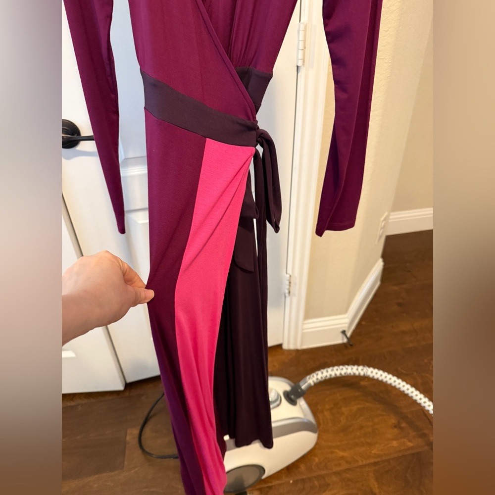 Boden Long Sleeve Color Block Wrapped Dress in Purple and Pink - Picture 7 of 9